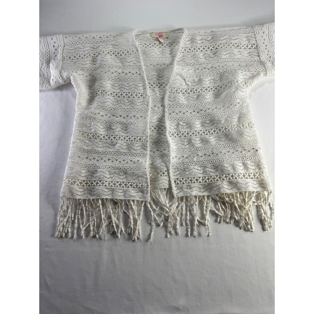 GB Girls Crochet Lace Cardigan Kids Size M White Fringe Open Front Kimono Wrap